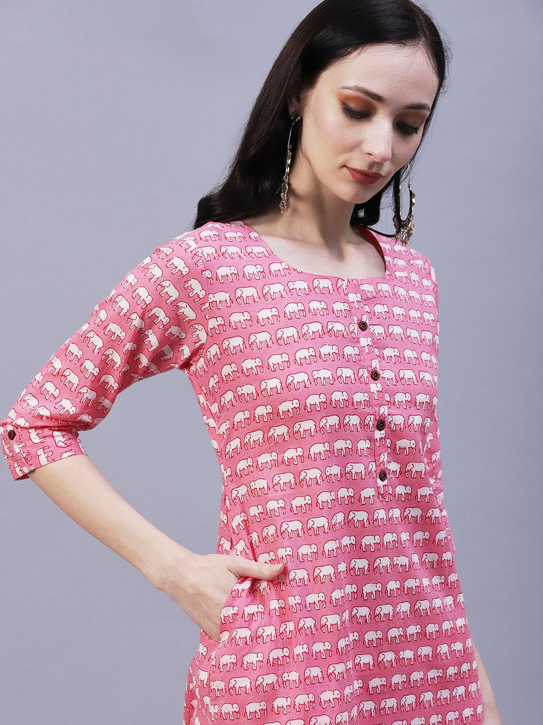 Elephant Motif Printed Straight Fit Kurta - Pink - Indiakreations