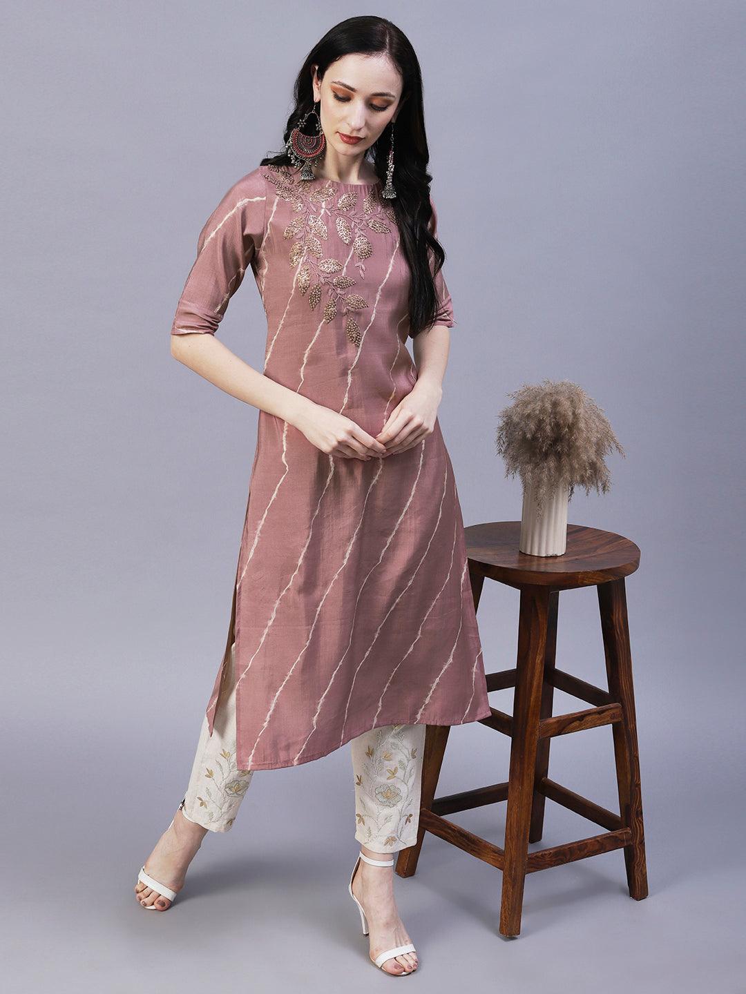 Leheriya Printed & Hand Embroidered Straight Fit Kurta - Rose Gold - Indiakreations