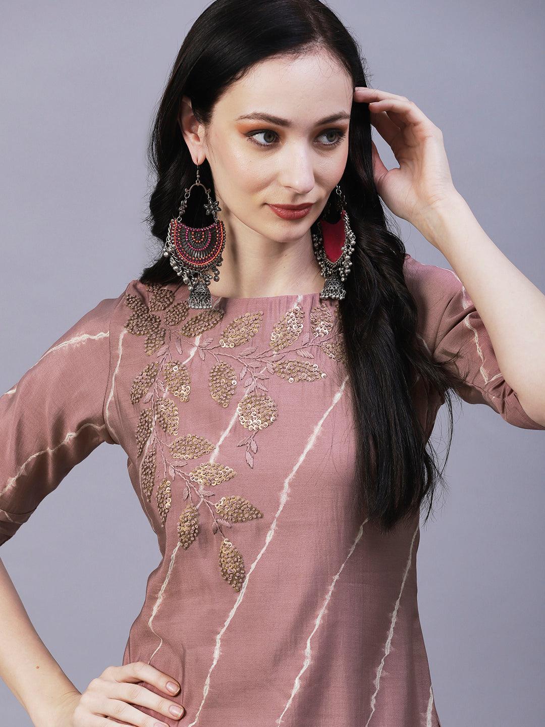 Leheriya Printed & Hand Embroidered Straight Fit Kurta - Rose Gold - Indiakreations