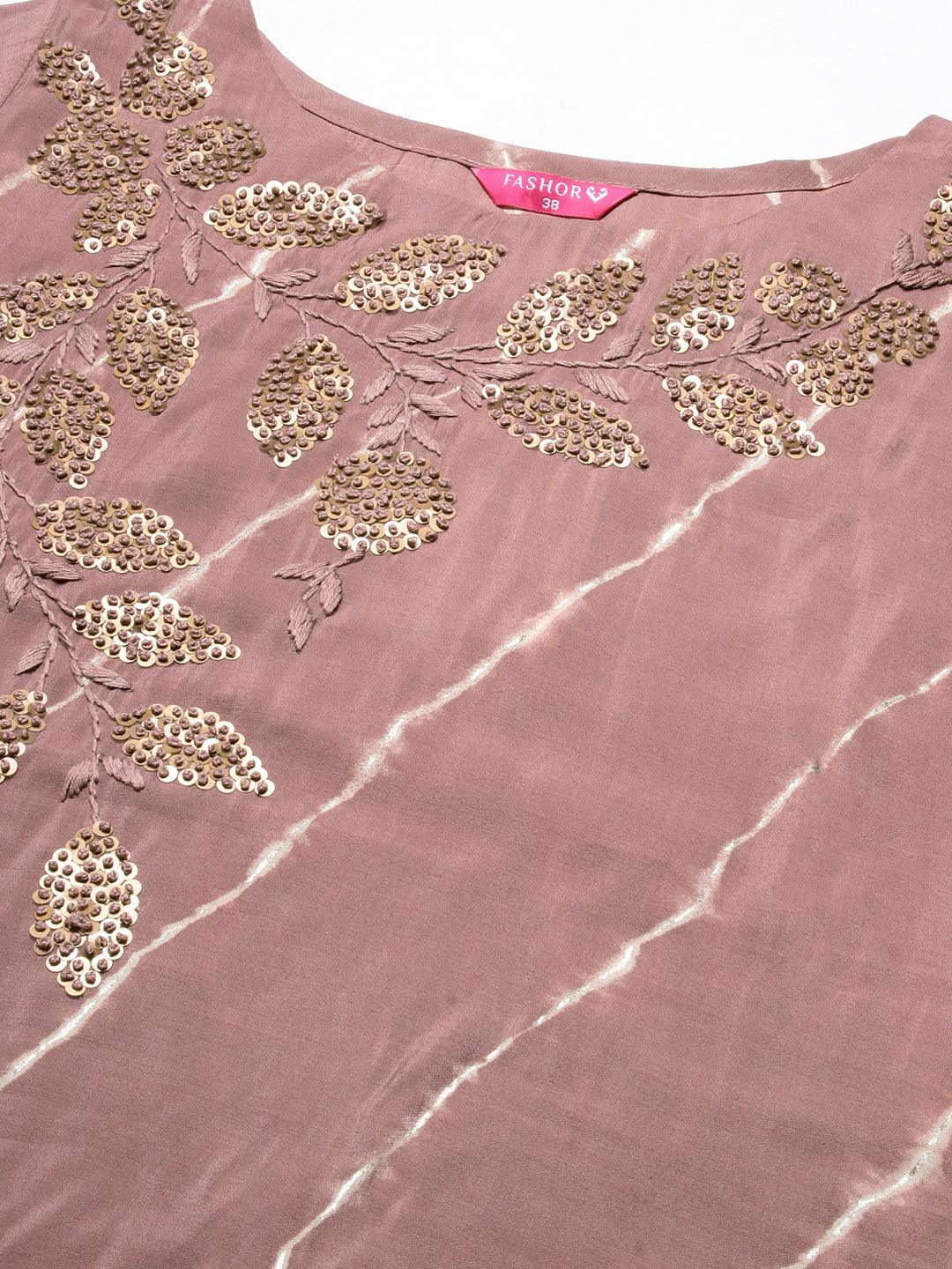 Leheriya Printed & Hand Embroidered Straight Fit Kurta - Rose Gold - Indiakreations