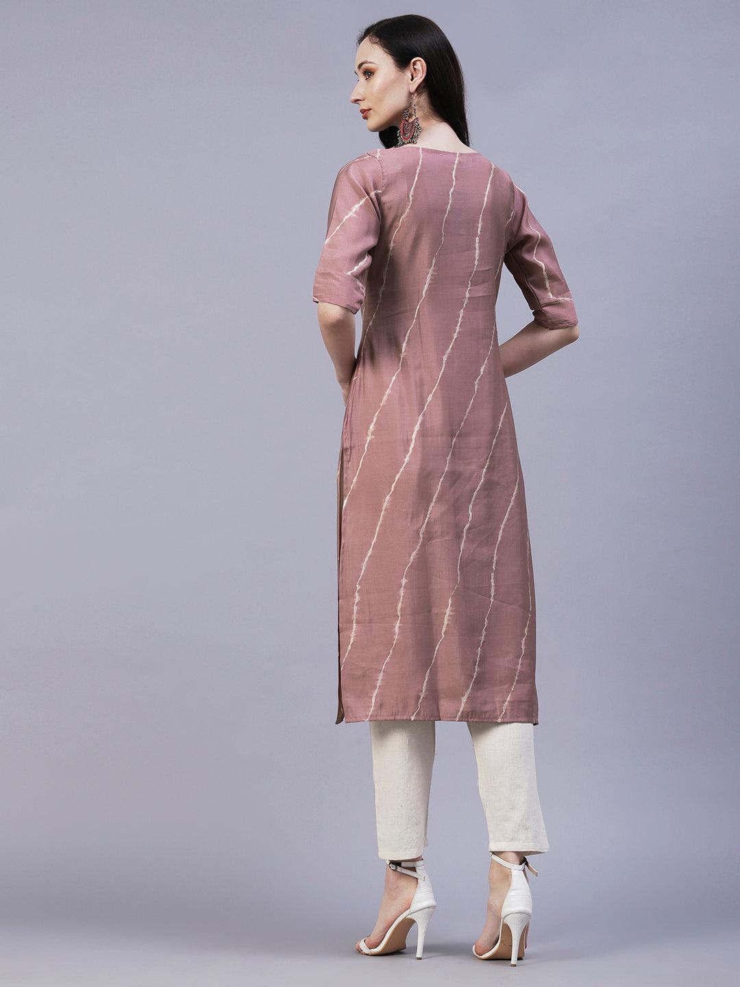 Leheriya Printed & Hand Embroidered Straight Fit Kurta - Rose Gold - Indiakreations