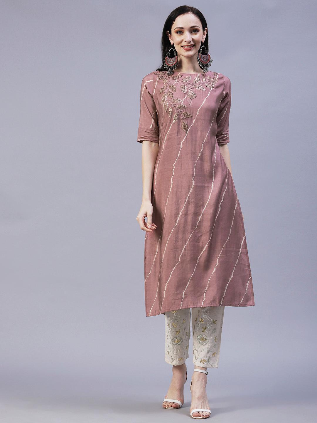 Leheriya Printed & Hand Embroidered Straight Fit Kurta - Rose Gold - Indiakreations