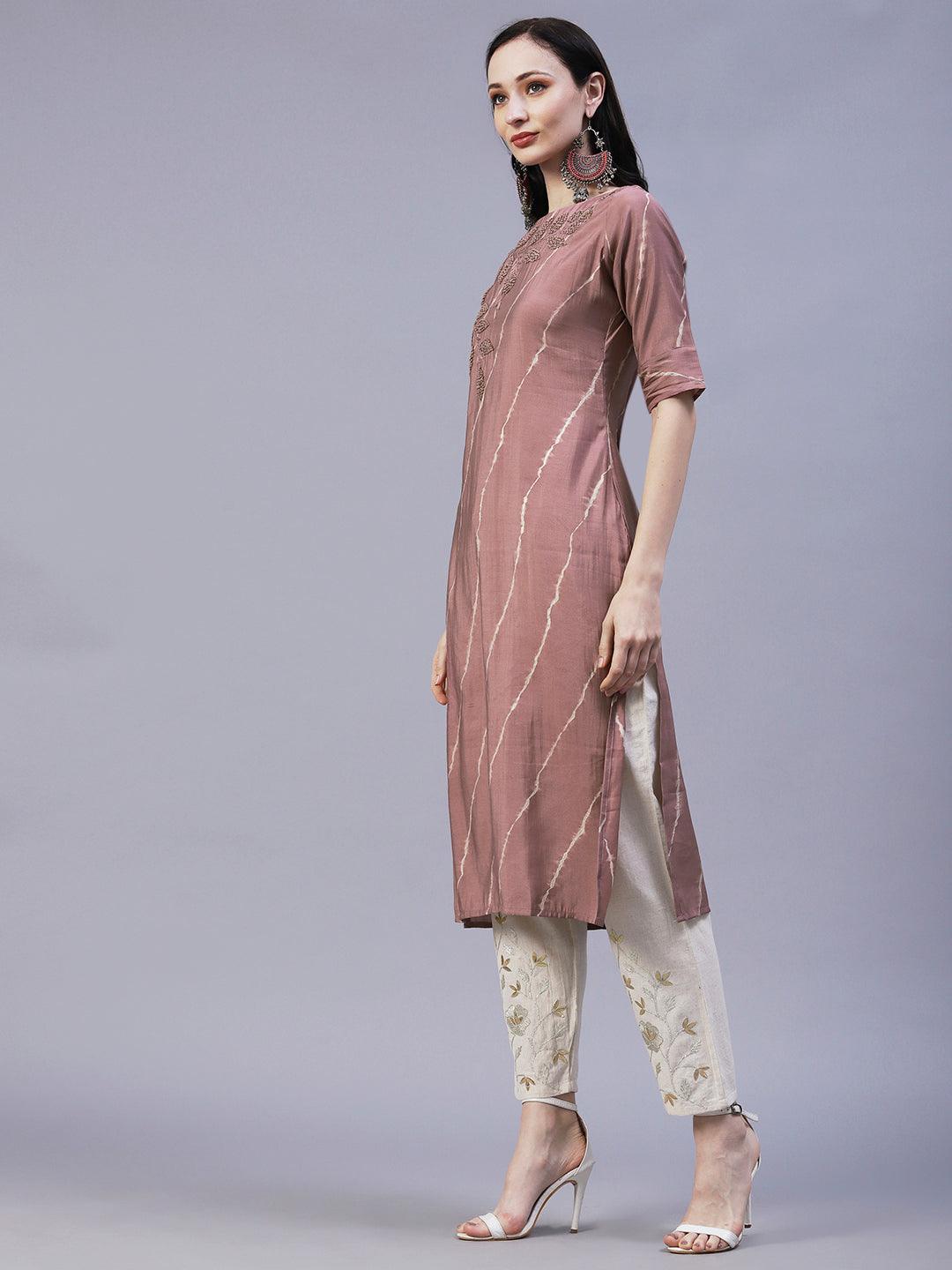 Leheriya Printed & Hand Embroidered Straight Fit Kurta - Rose Gold - Indiakreations