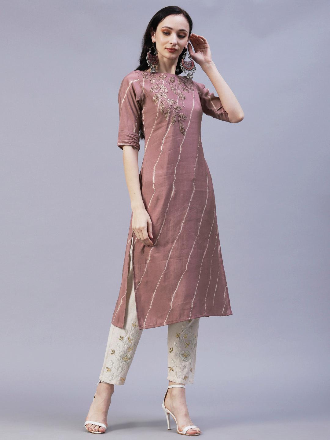 Leheriya Printed & Hand Embroidered Straight Fit Kurta - Rose Gold - Indiakreations