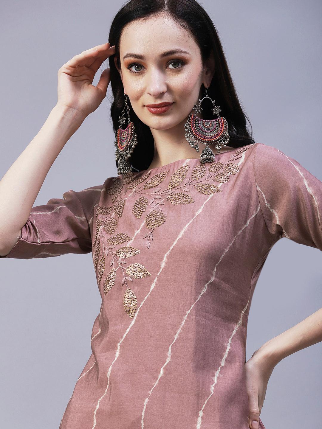 Leheriya Printed & Hand Embroidered Straight Fit Kurta - Rose Gold - Indiakreations