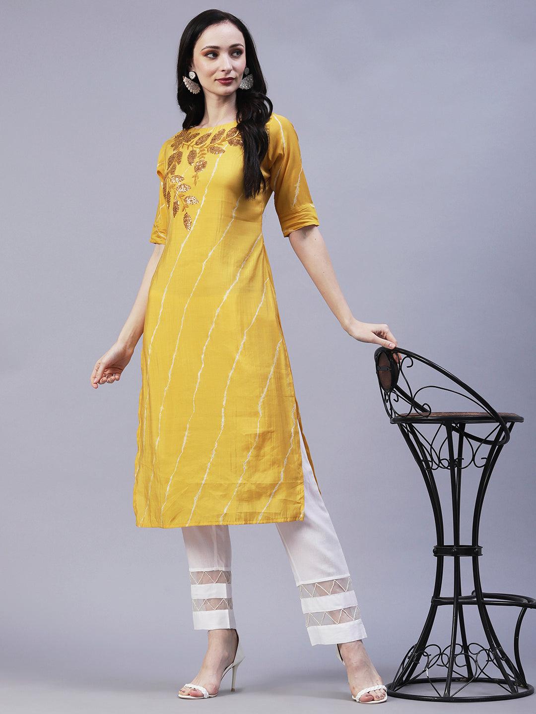 Leheriya Printed & Hand Embroidered Straight Fit Kurta - Yellow - Indiakreations