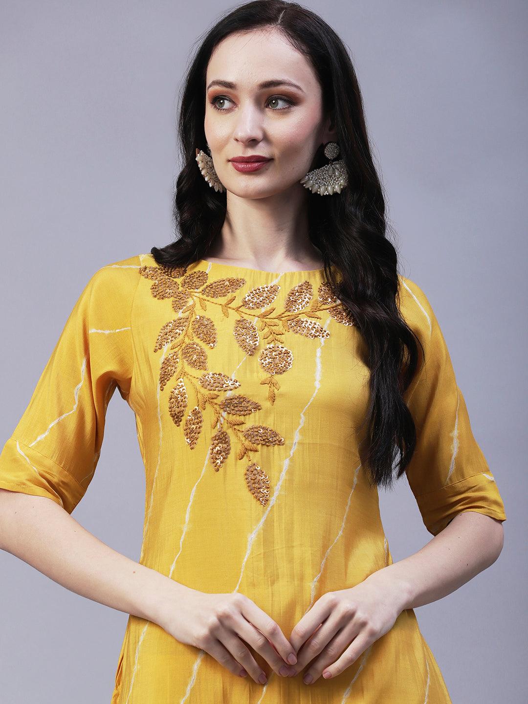 Leheriya Printed & Hand Embroidered Straight Fit Kurta - Yellow - Indiakreations