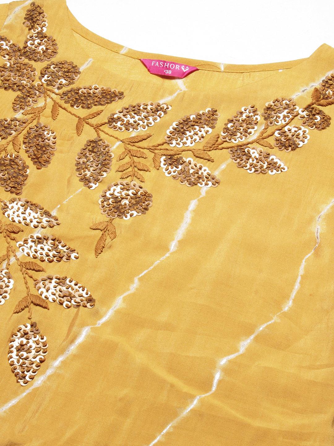 Leheriya Printed & Hand Embroidered Straight Fit Kurta - Yellow - Indiakreations