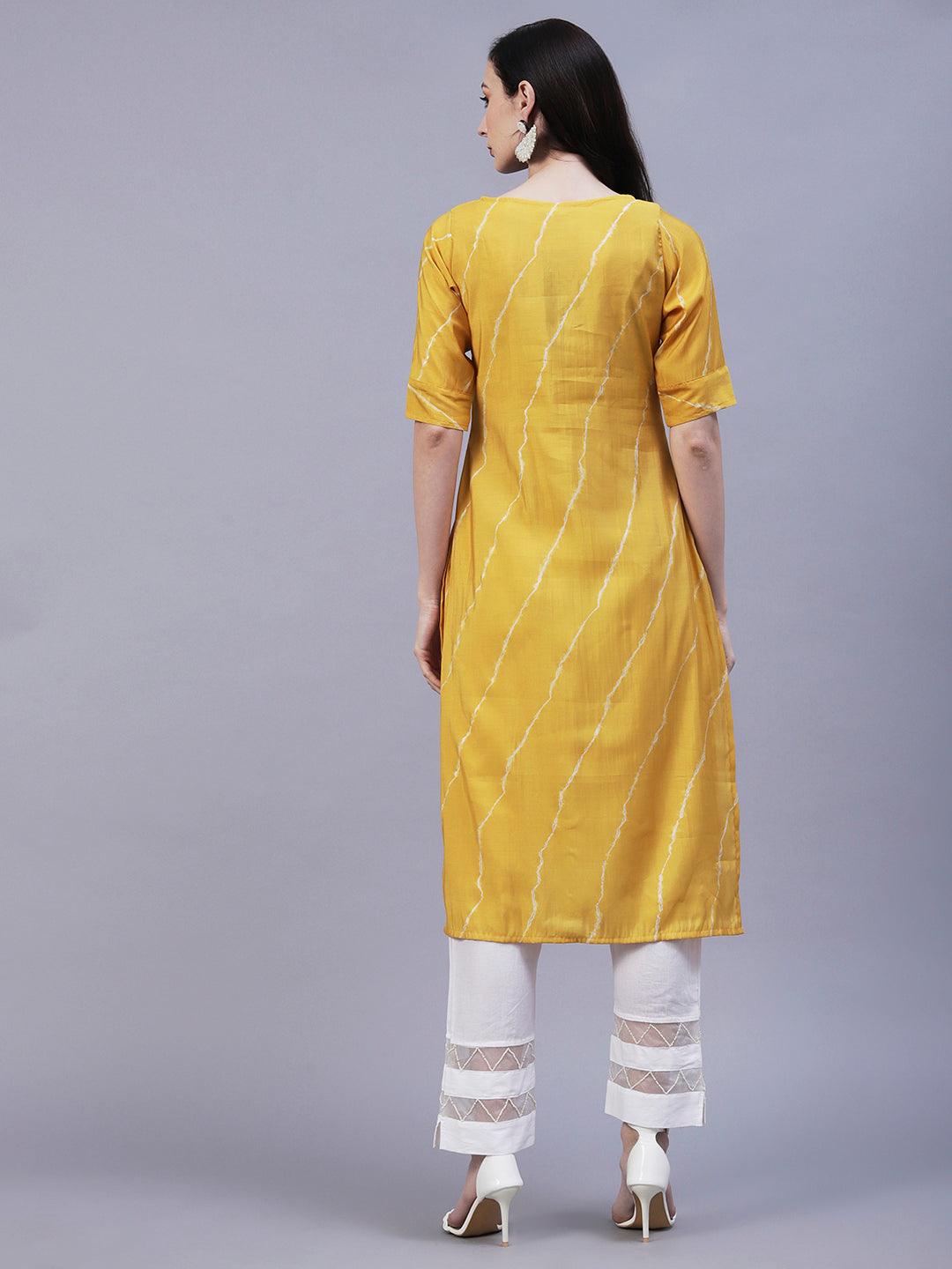 Leheriya Printed & Hand Embroidered Straight Fit Kurta - Yellow - Indiakreations