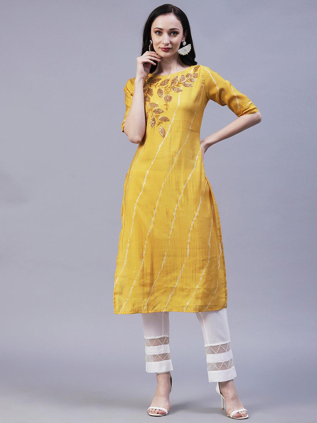 Leheriya Printed & Hand Embroidered Straight Fit Kurta - Yellow - Indiakreations