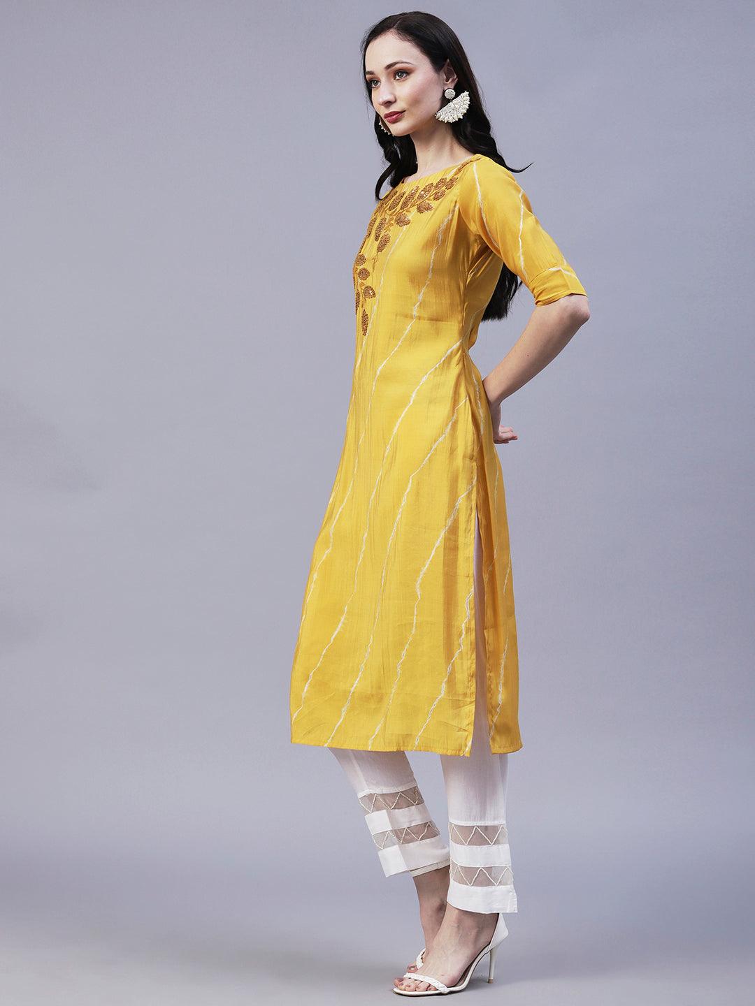 Leheriya Printed & Hand Embroidered Straight Fit Kurta - Yellow - Indiakreations