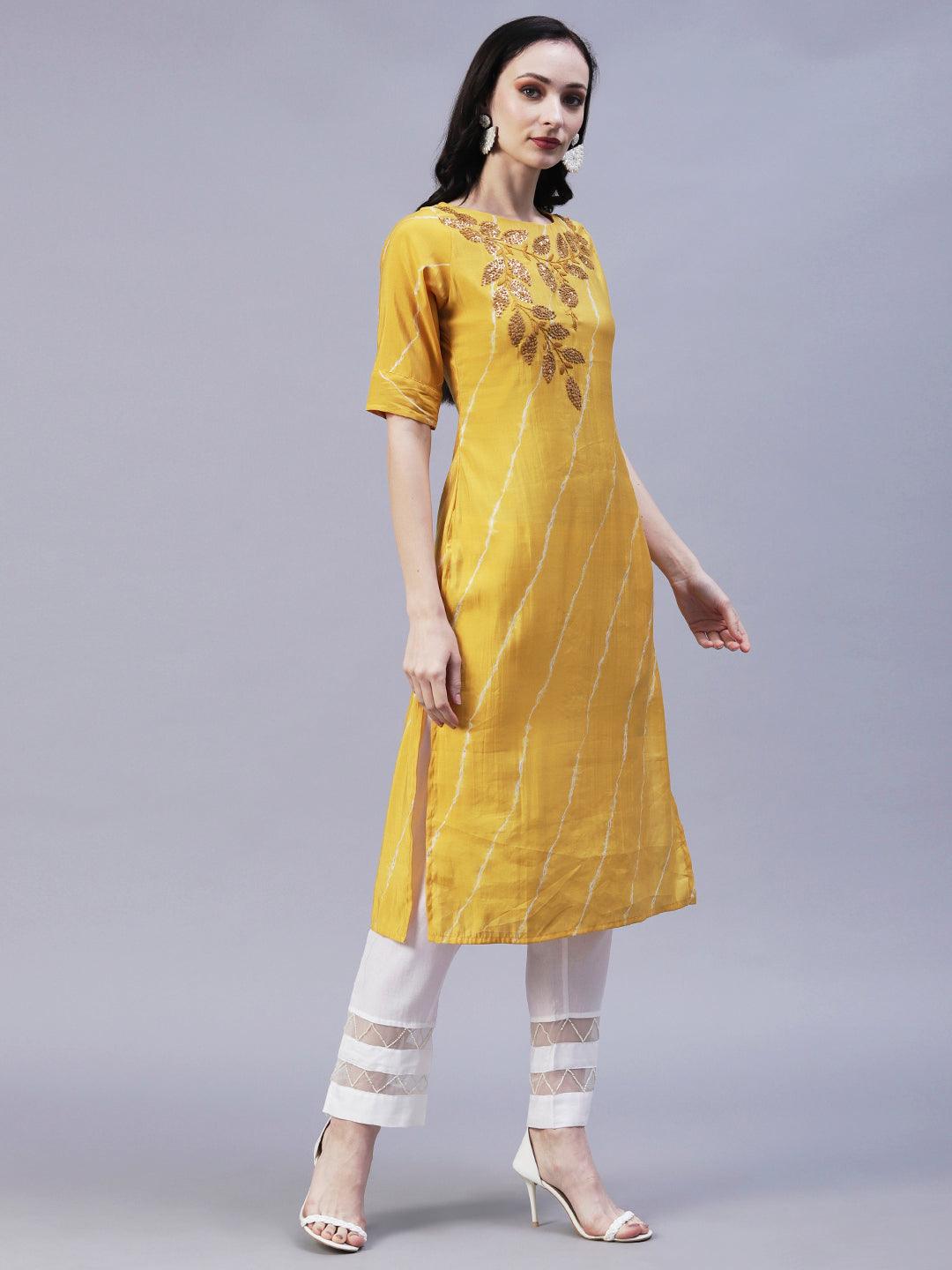 Leheriya Printed & Hand Embroidered Straight Fit Kurta - Yellow - Indiakreations