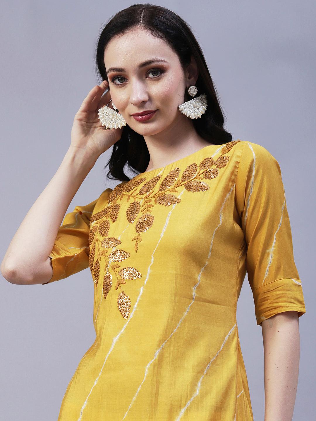 Leheriya Printed & Hand Embroidered Straight Fit Kurta - Yellow - Indiakreations