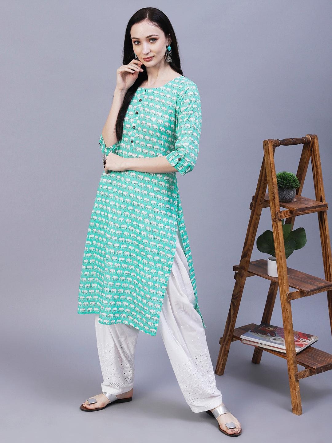 Elephant Motif Printed Straight Fit Kurta - Mint Green - Indiakreations