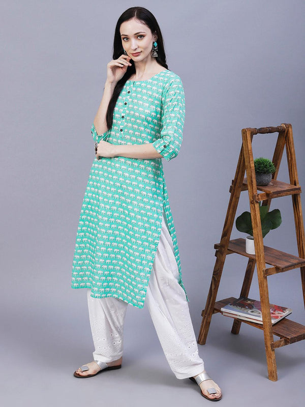 Elephant Motif Printed Straight Fit Kurta - Mint Green - Indiakreations