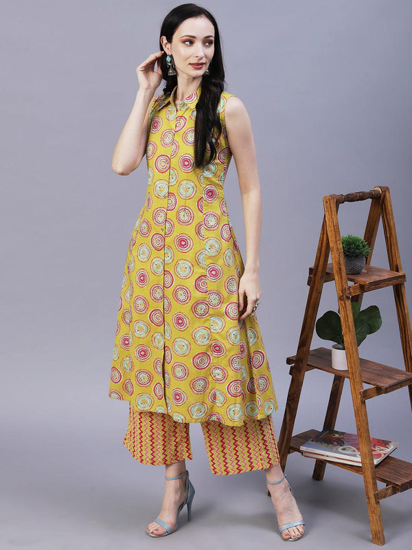 Quirky Circle Printed A-line Paneled Kurta With Chevron Printed Pants - Lime Green & Multi - Indiakreations