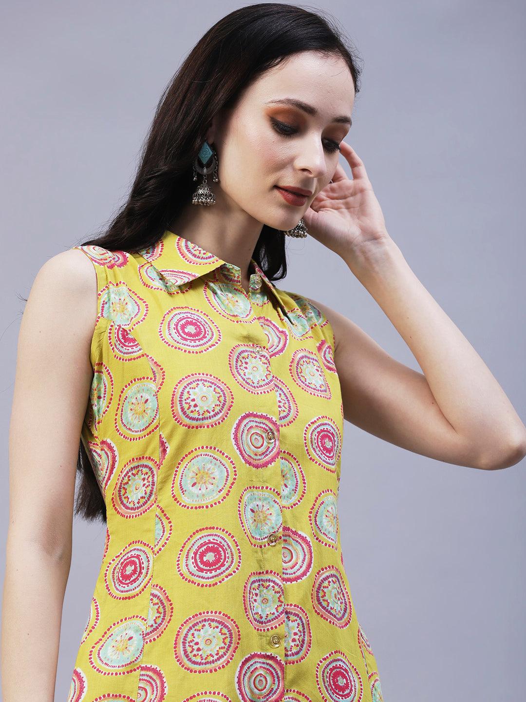 Quirky Circle Printed A-line Paneled Kurta With Chevron Printed Pants - Lime Green & Multi - Indiakreations