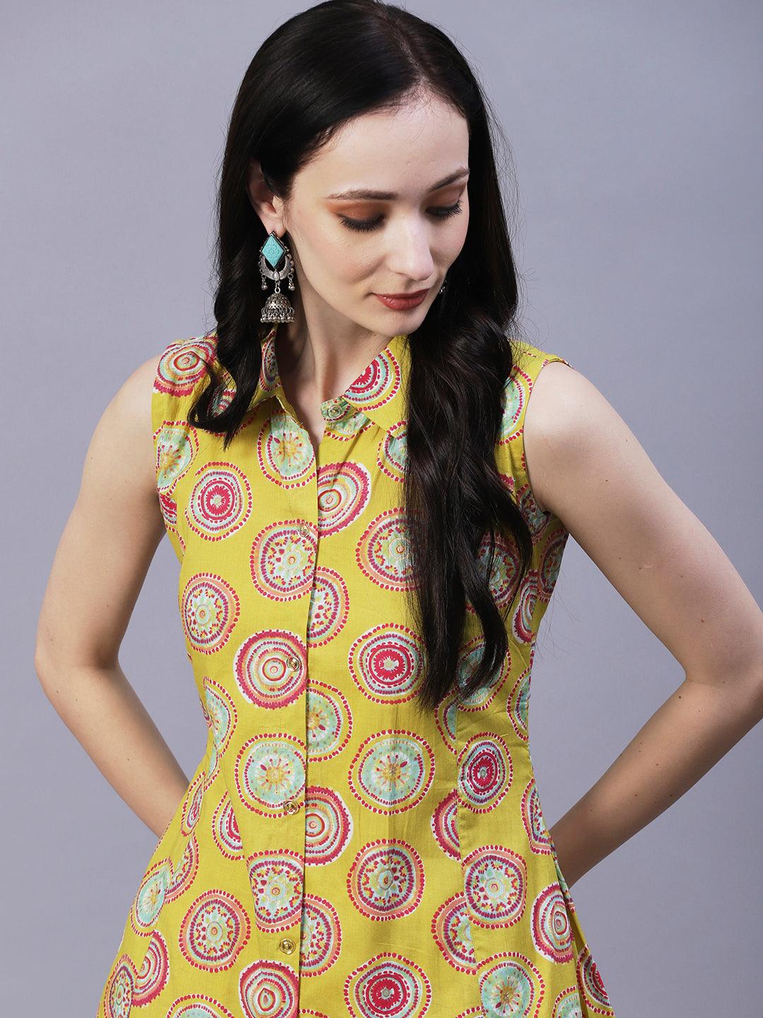 Quirky Circle Printed A-line Paneled Kurta With Chevron Printed Pants - Lime Green & Multi - Indiakreations