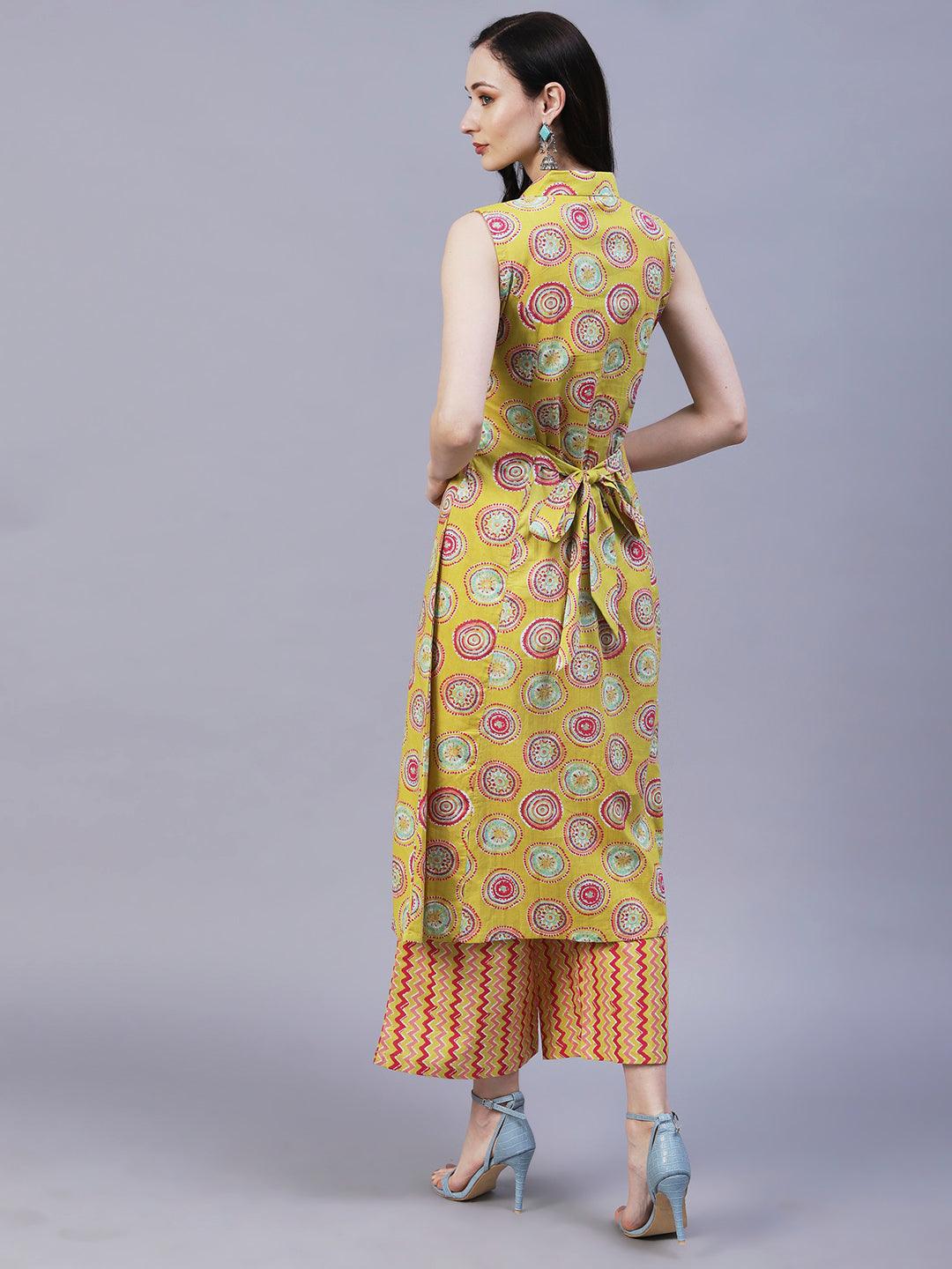 Quirky Circle Printed A-line Paneled Kurta With Chevron Printed Pants - Lime Green & Multi - Indiakreations