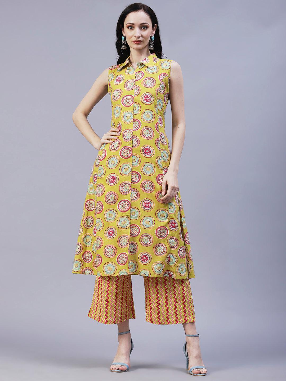 Quirky Circle Printed A-line Paneled Kurta With Chevron Printed Pants - Lime Green & Multi - Indiakreations