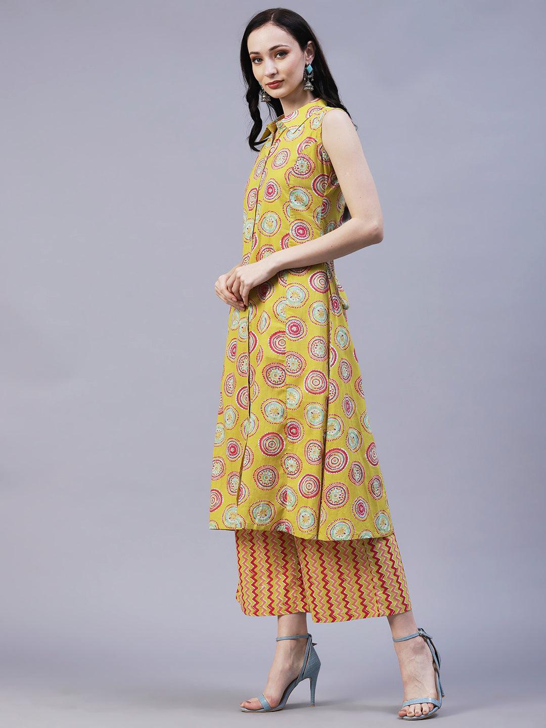 Quirky Circle Printed A-line Paneled Kurta With Chevron Printed Pants - Lime Green & Multi - Indiakreations