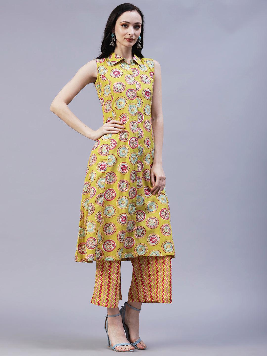 Quirky Circle Printed A-line Paneled Kurta With Chevron Printed Pants - Lime Green & Multi - Indiakreations