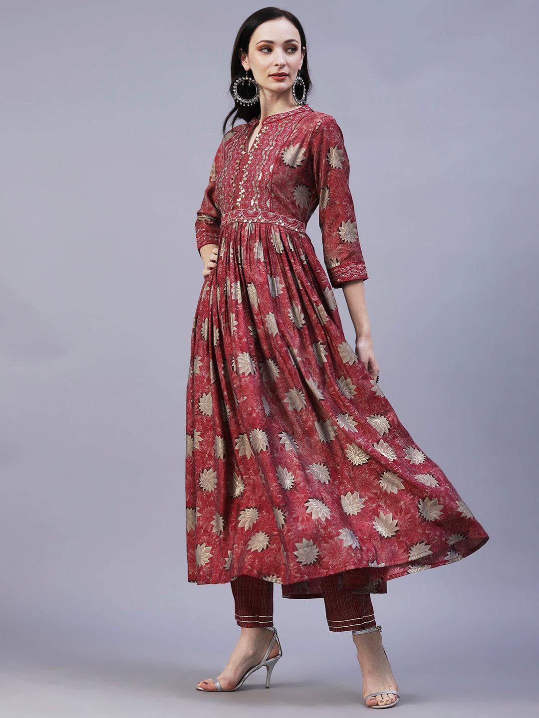 Floral Printed Leather & Resham Embroidered Gathered Kurta With Pants - Maroon - Indiakreations