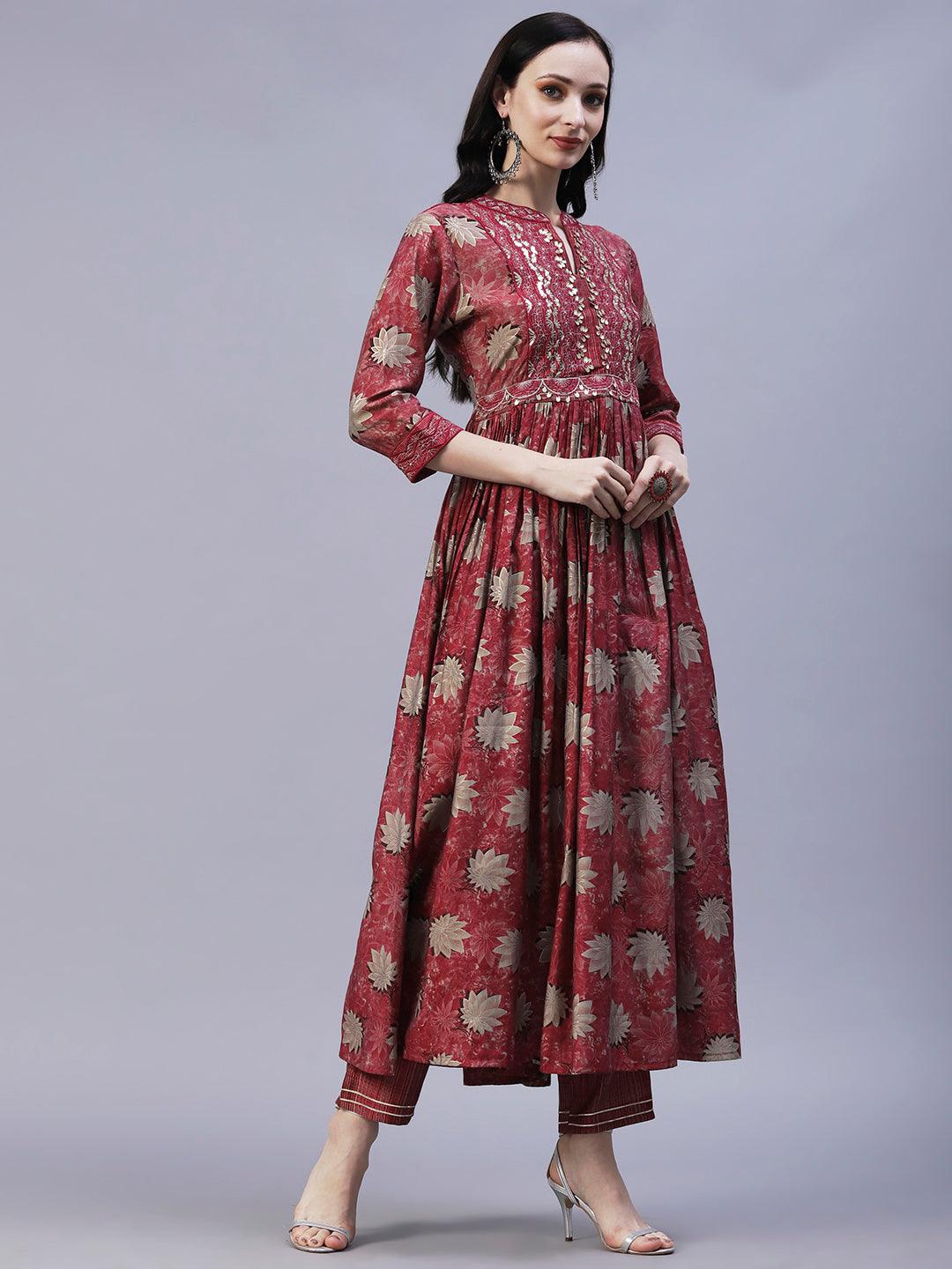 Floral Printed Leather & Resham Embroidered Gathered Kurta With Pants - Maroon - Indiakreations