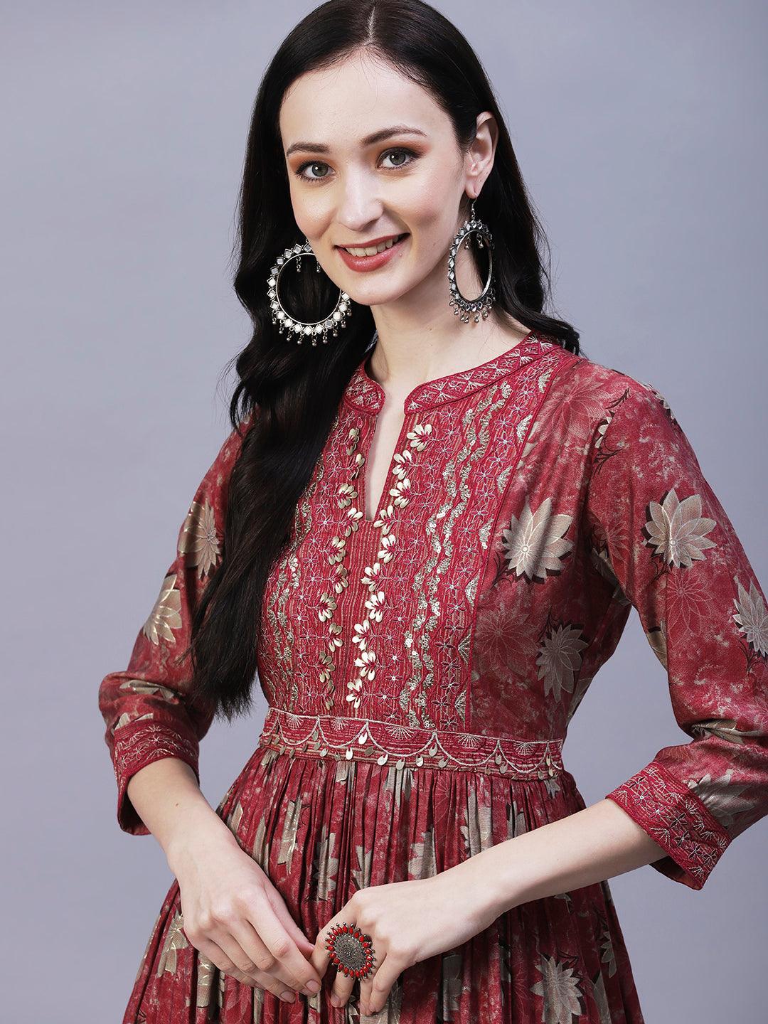 Floral Printed Leather & Resham Embroidered Gathered Kurta With Pants - Maroon - Indiakreations