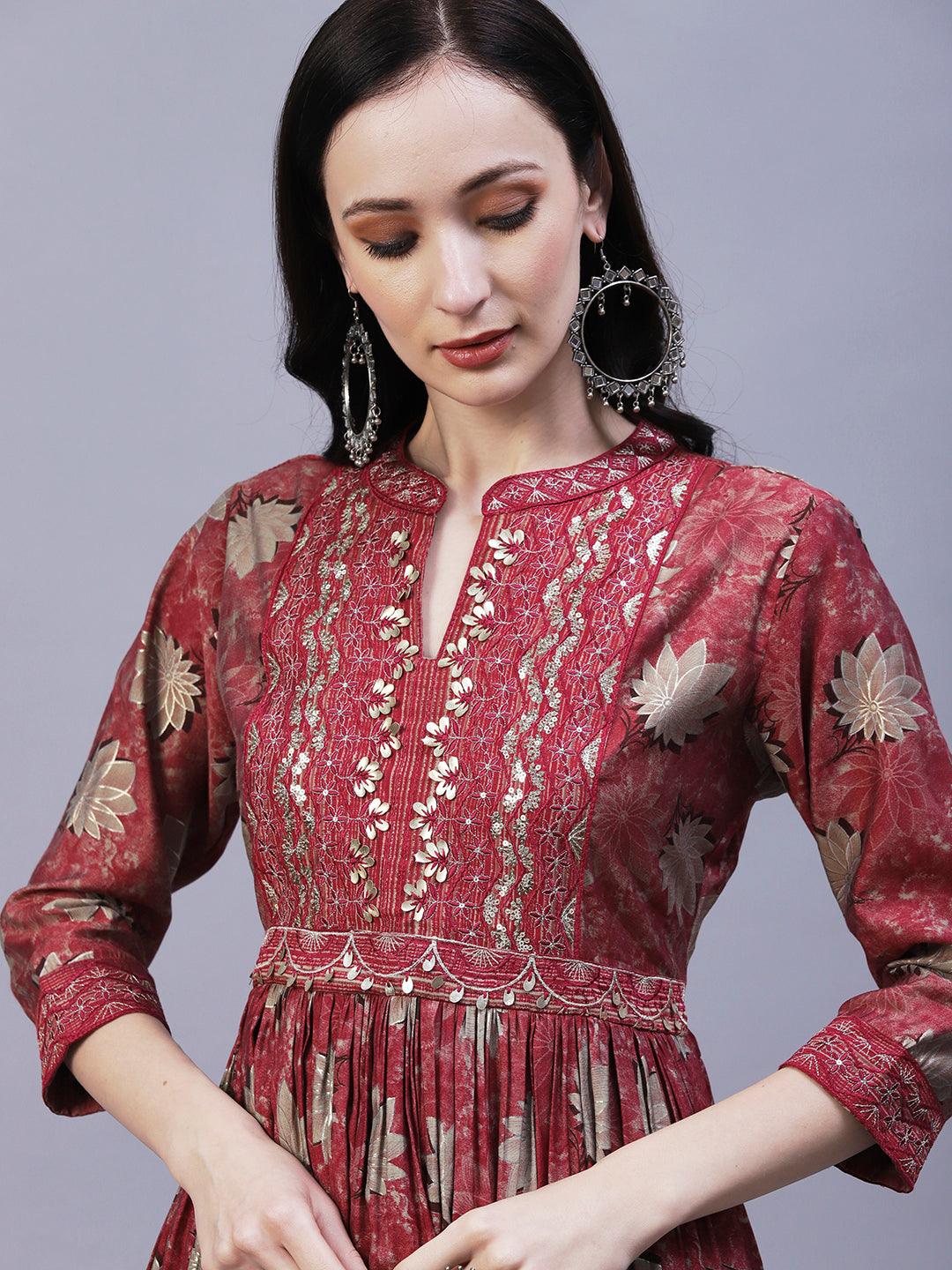 Floral Printed Leather & Resham Embroidered Gathered Kurta With Pants - Maroon - Indiakreations