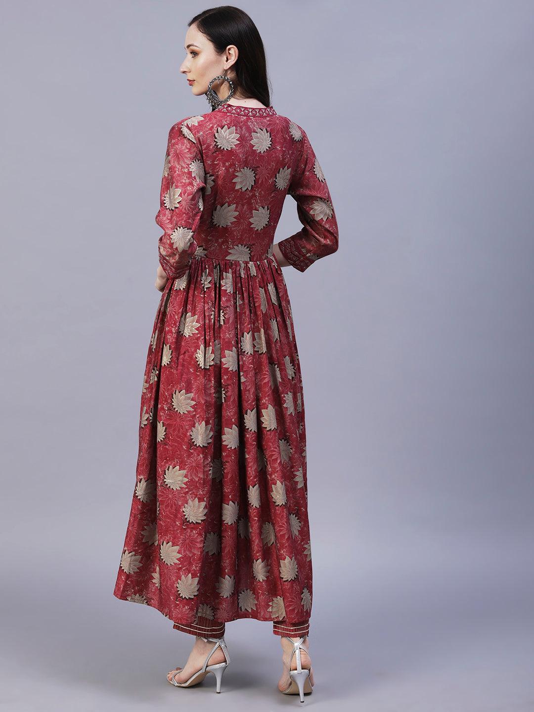 Floral Printed Leather & Resham Embroidered Gathered Kurta With Pants - Maroon - Indiakreations