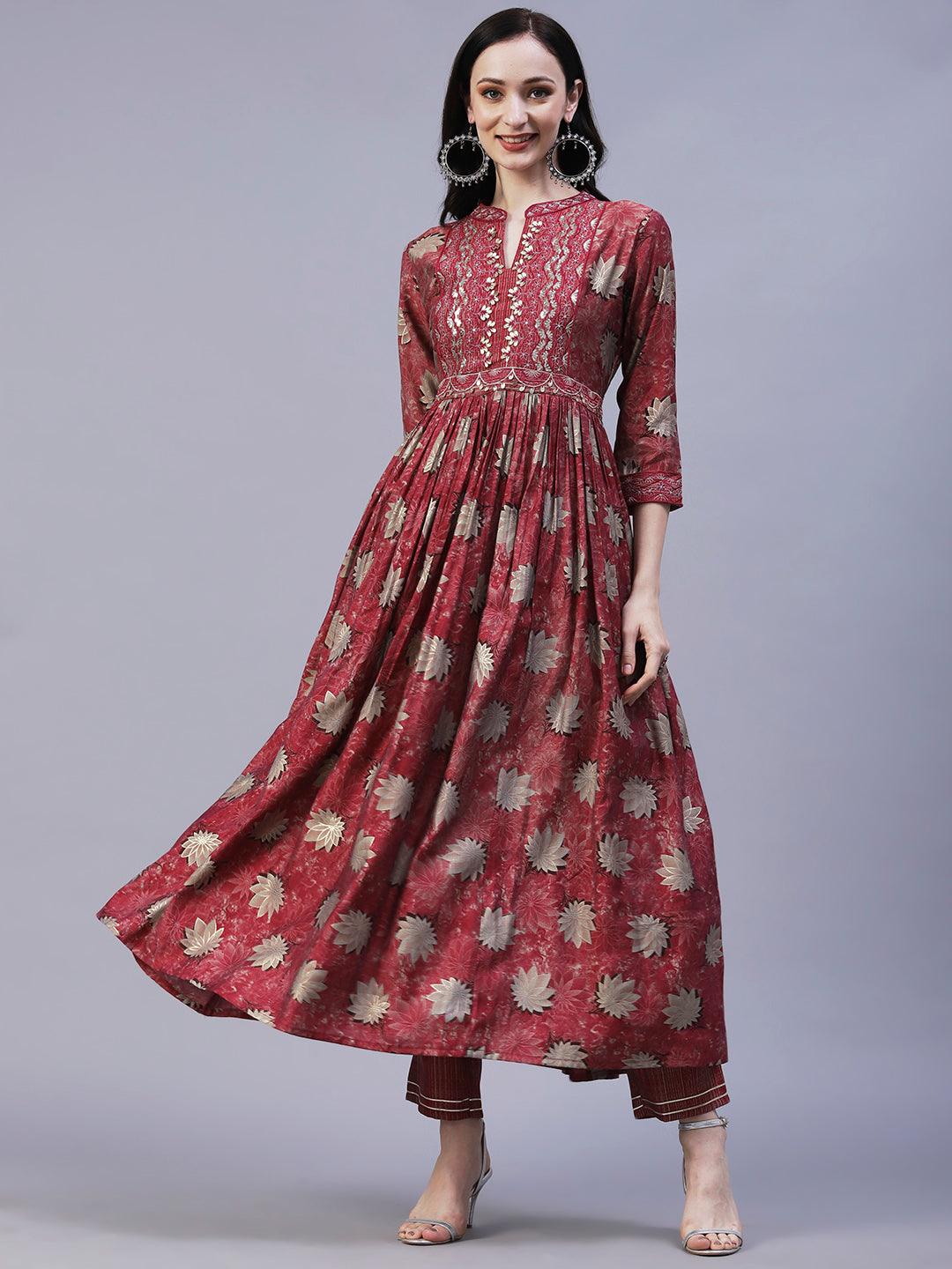 Floral Printed Leather & Resham Embroidered Gathered Kurta With Pants - Maroon - Indiakreations