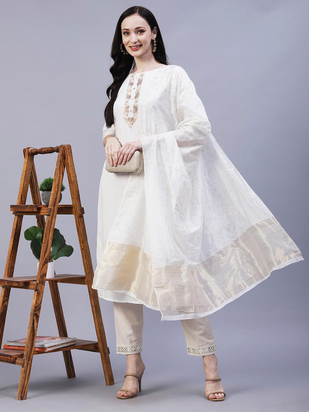 Solid Floral Embroidered Straight Fit Kurta with Foil Printed Dupatta - White - Indiakreations