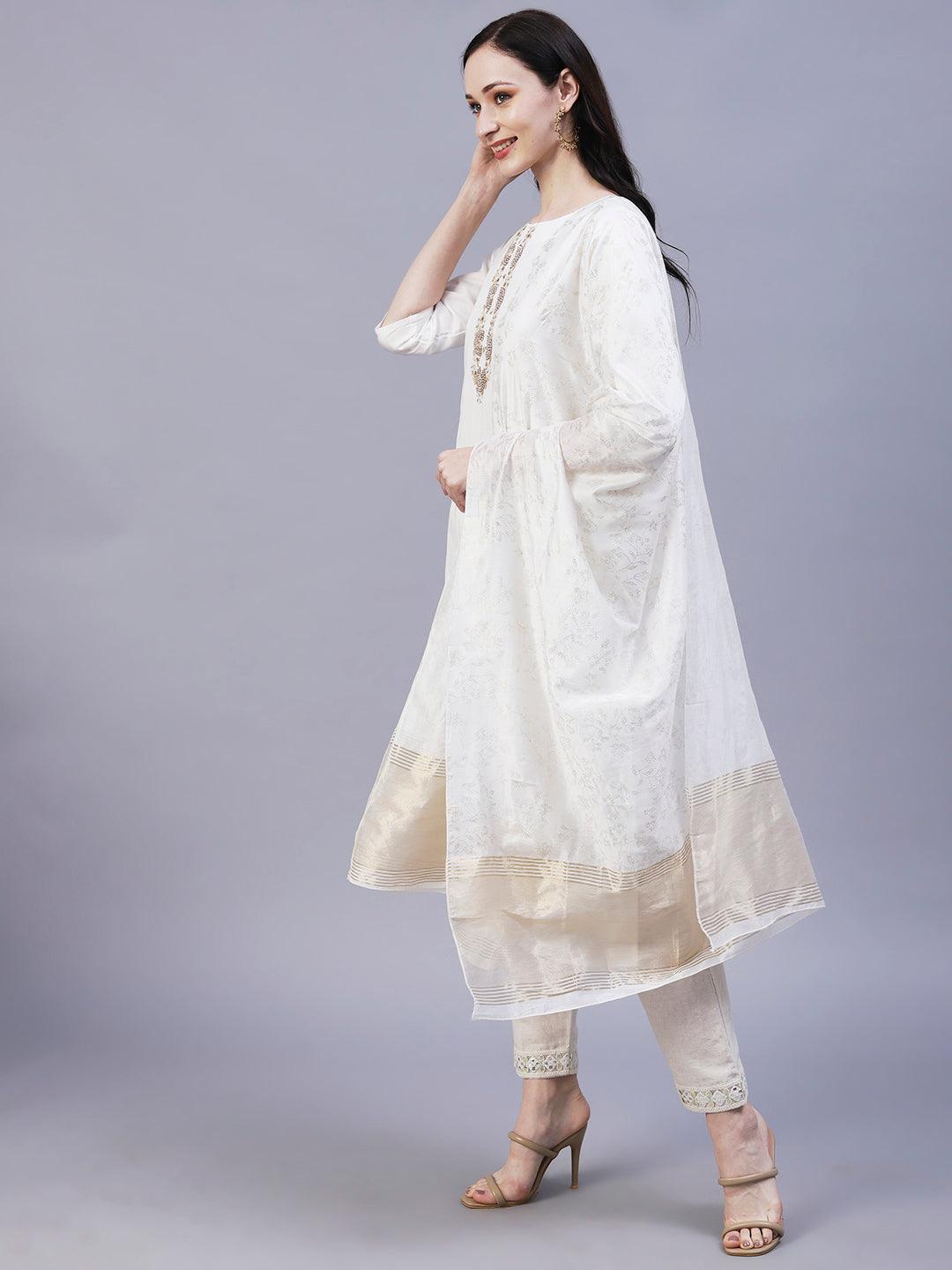 Solid Floral Embroidered Straight Fit Kurta with Foil Printed Dupatta - White - Indiakreations