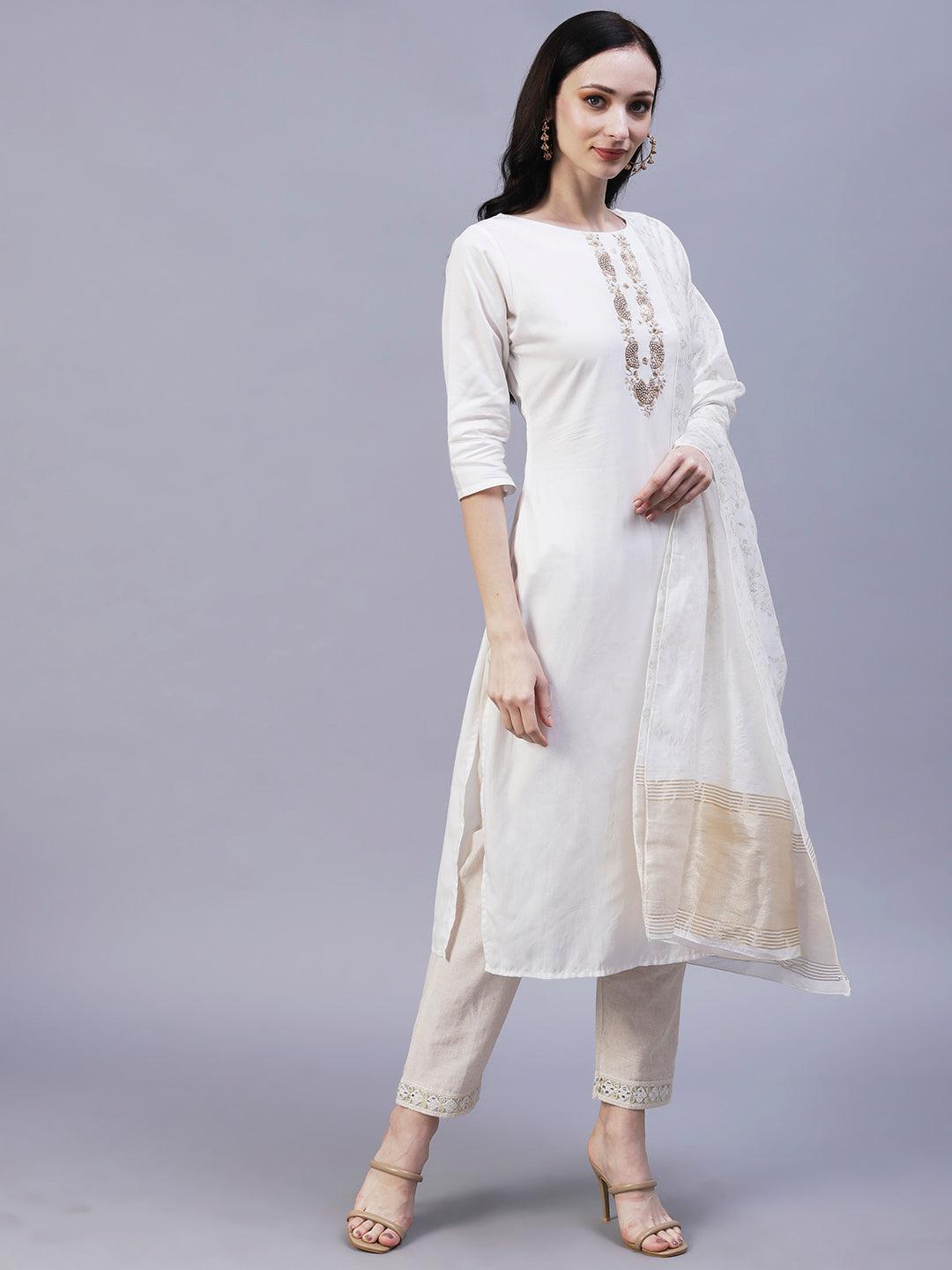 Solid Floral Embroidered Straight Fit Kurta with Foil Printed Dupatta - White - Indiakreations