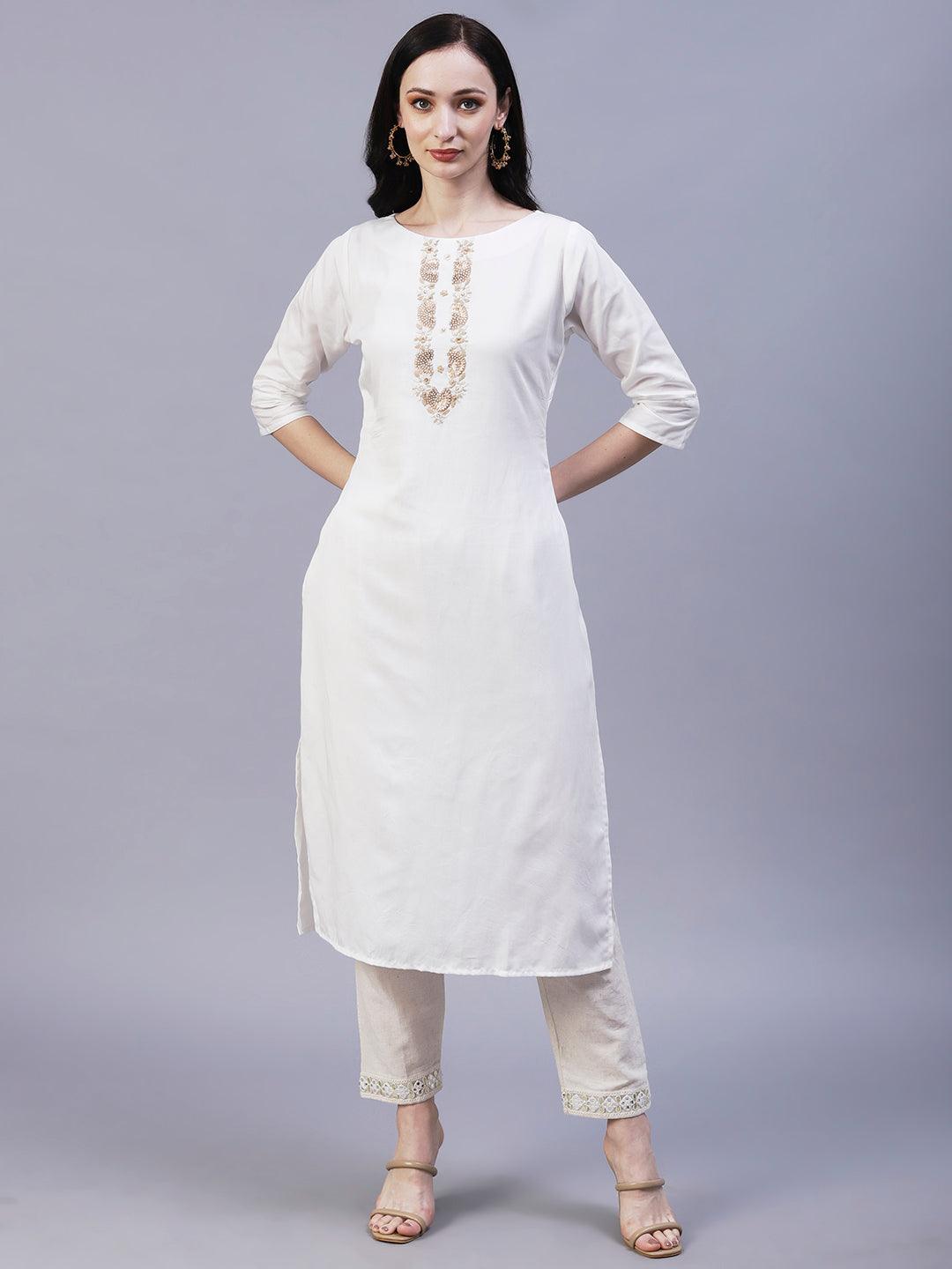 Solid Floral Embroidered Straight Fit Kurta with Foil Printed Dupatta - White - Indiakreations