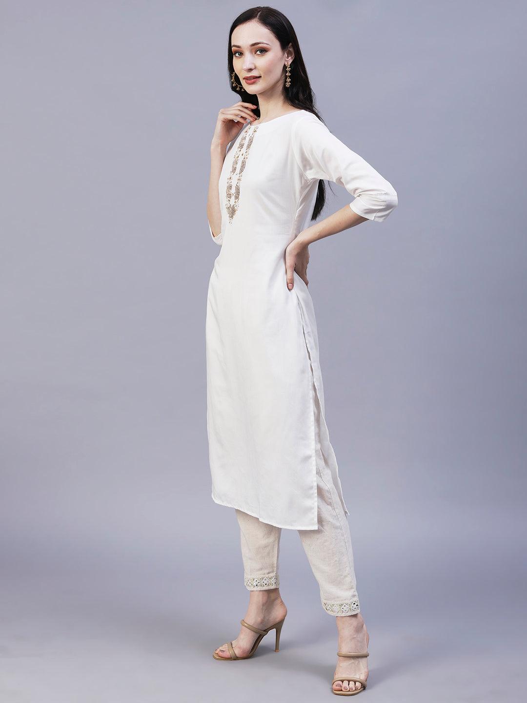 Solid Floral Embroidered Straight Fit Kurta with Foil Printed Dupatta - White - Indiakreations