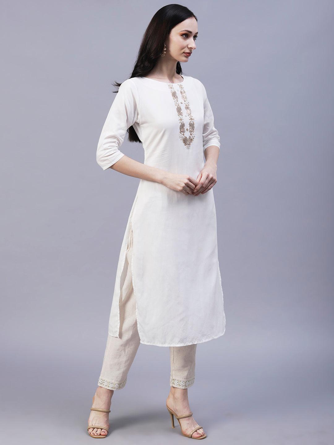 Solid Floral Embroidered Straight Fit Kurta with Foil Printed Dupatta - White - Indiakreations