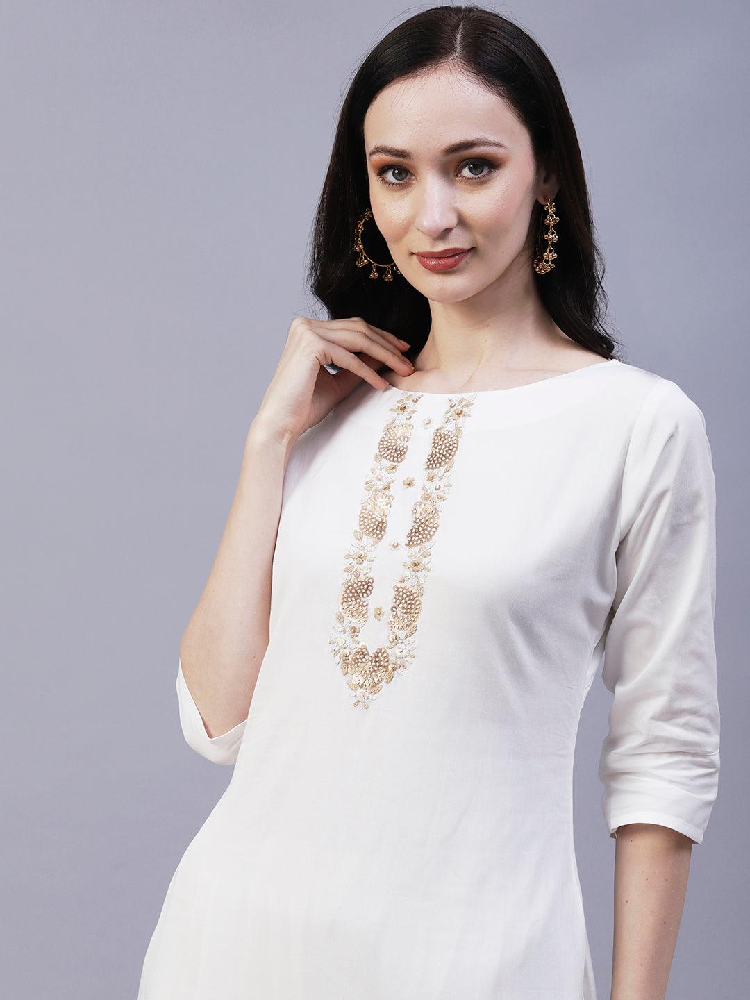 Solid Floral Embroidered Straight Fit Kurta with Foil Printed Dupatta - White - Indiakreations