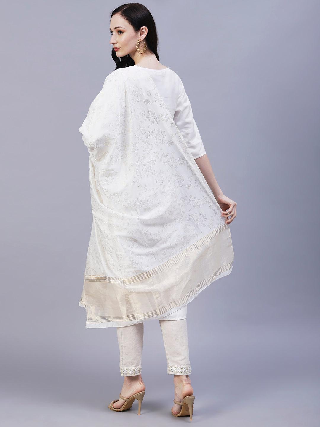 Solid Floral Embroidered Straight Fit Kurta with Foil Printed Dupatta - White - Indiakreations