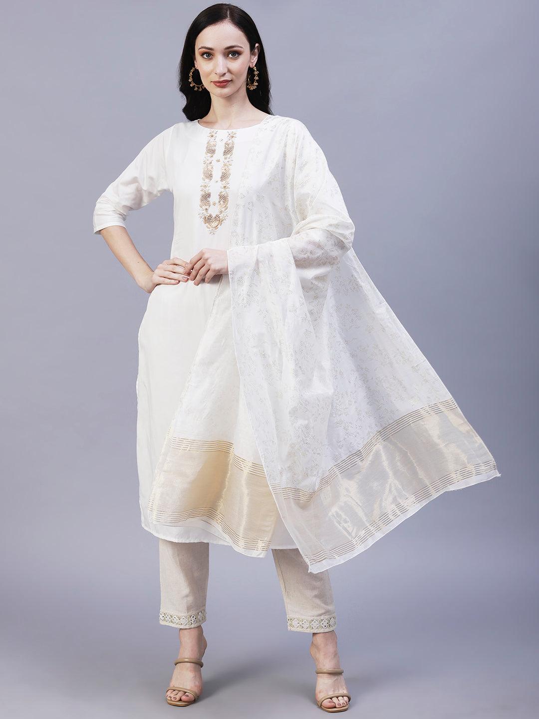 Solid Floral Embroidered Straight Fit Kurta with Foil Printed Dupatta - White - Indiakreations