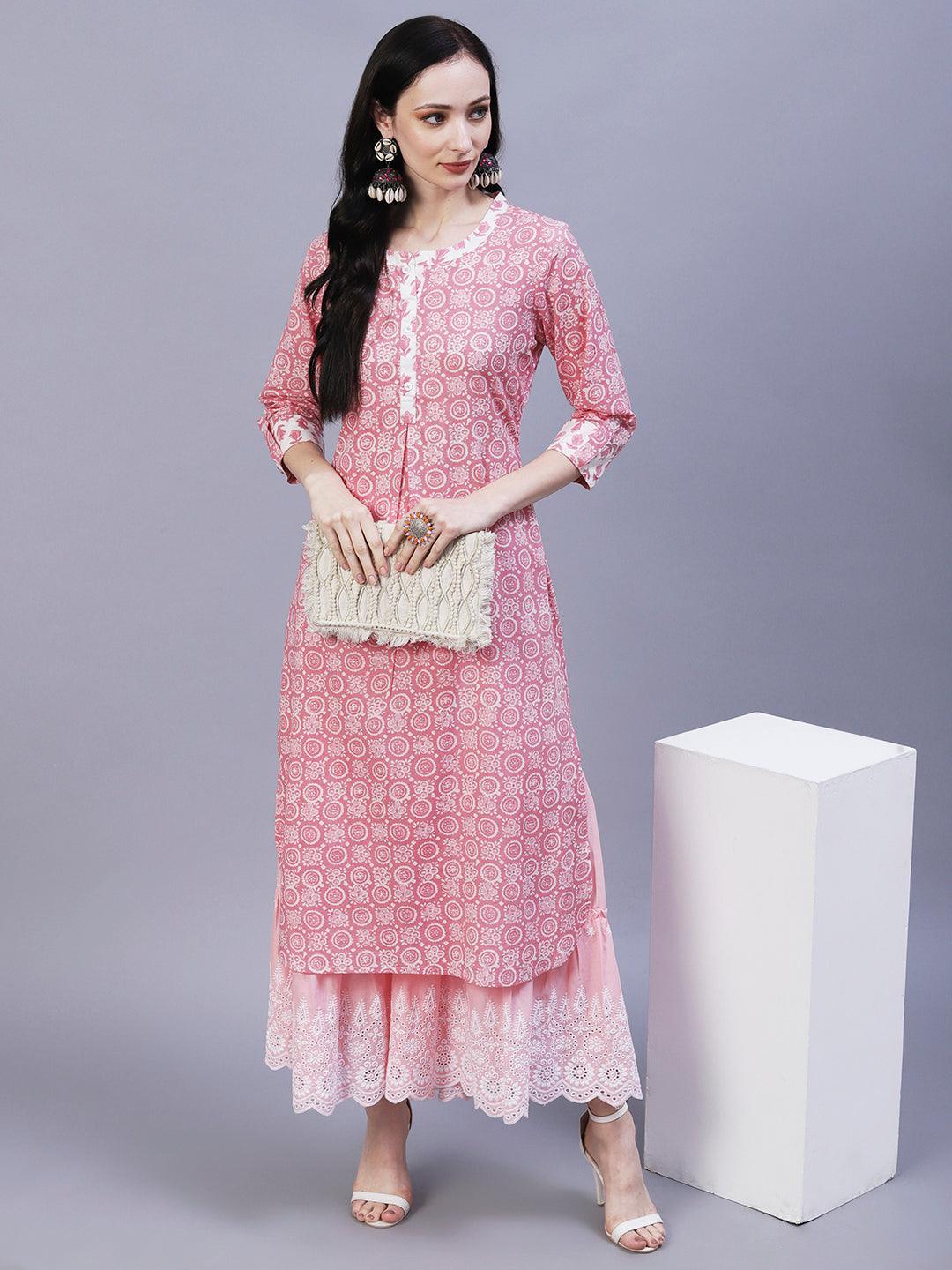 Ethnic Printed Straight Fit Kurta - Pink - Indiakreations