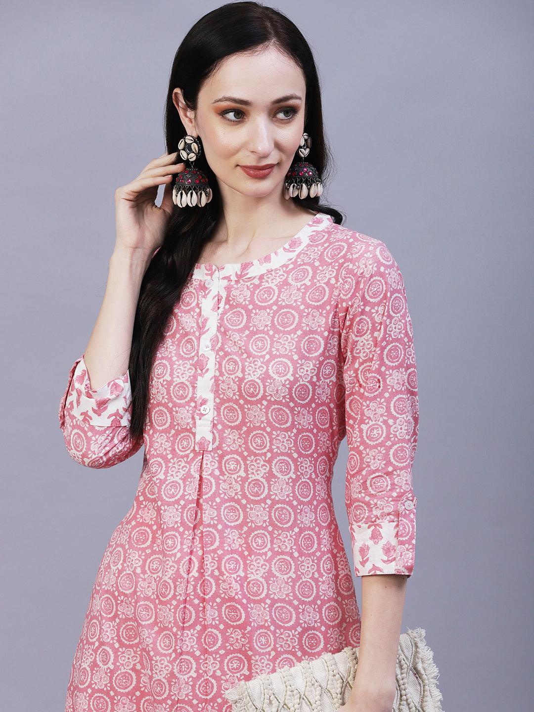 Ethnic Printed Straight Fit Kurta - Pink - Indiakreations