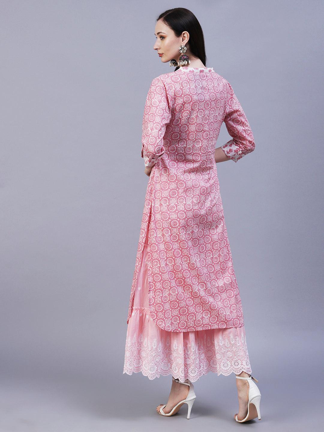 Ethnic Printed Straight Fit Kurta - Pink - Indiakreations