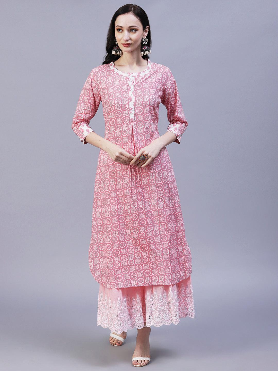 Ethnic Printed Straight Fit Kurta - Pink - Indiakreations