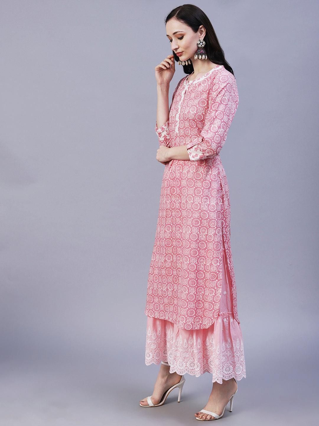 Ethnic Printed Straight Fit Kurta - Pink - Indiakreations