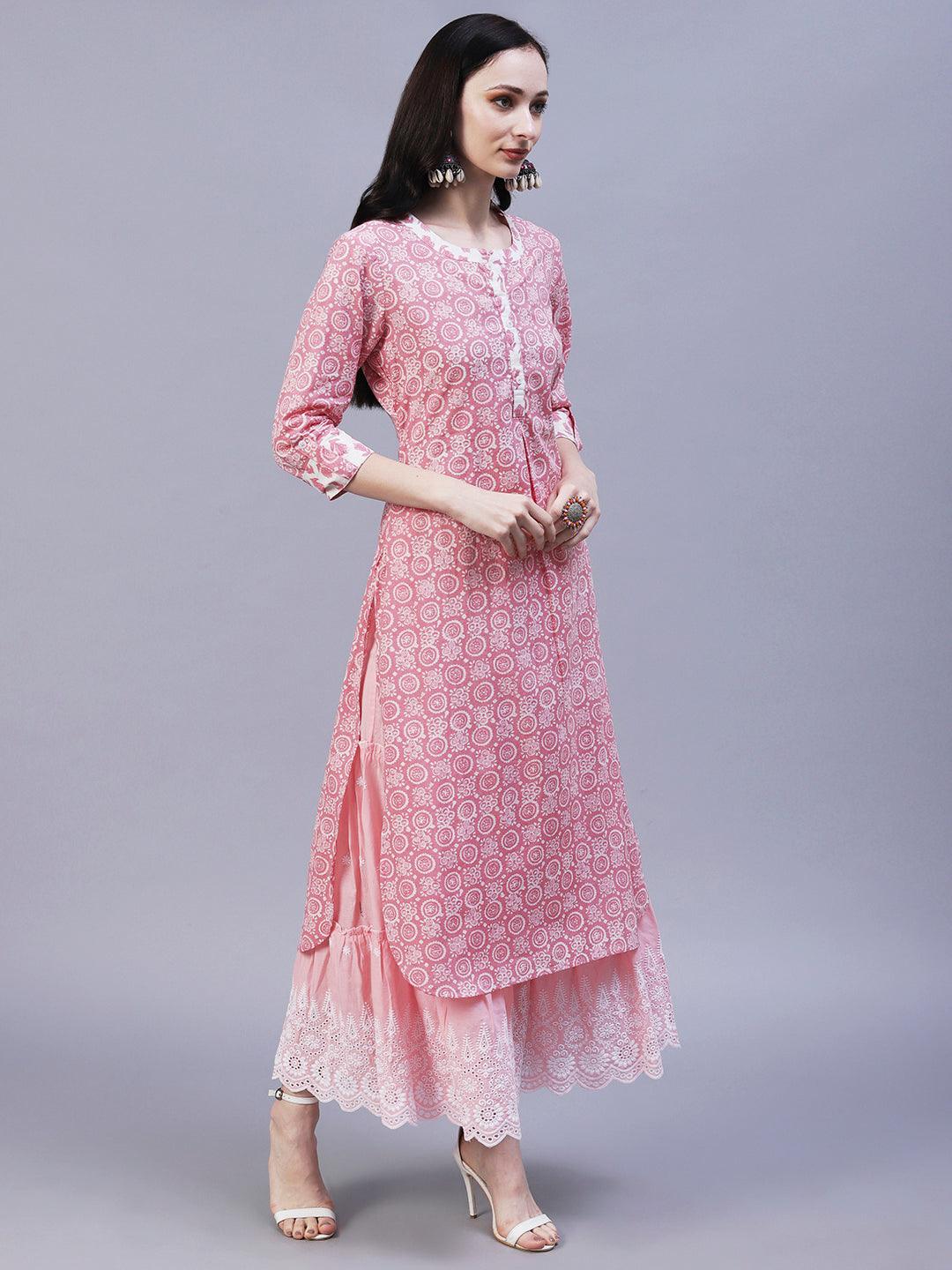 Ethnic Printed Straight Fit Kurta - Pink - Indiakreations