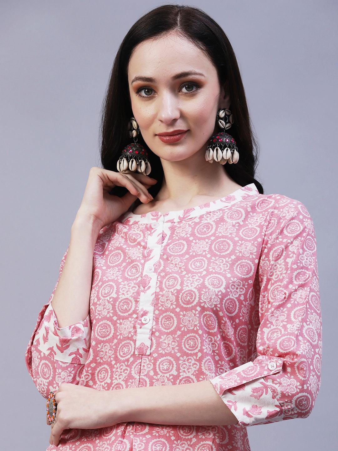 Ethnic Printed Straight Fit Kurta - Pink - Indiakreations