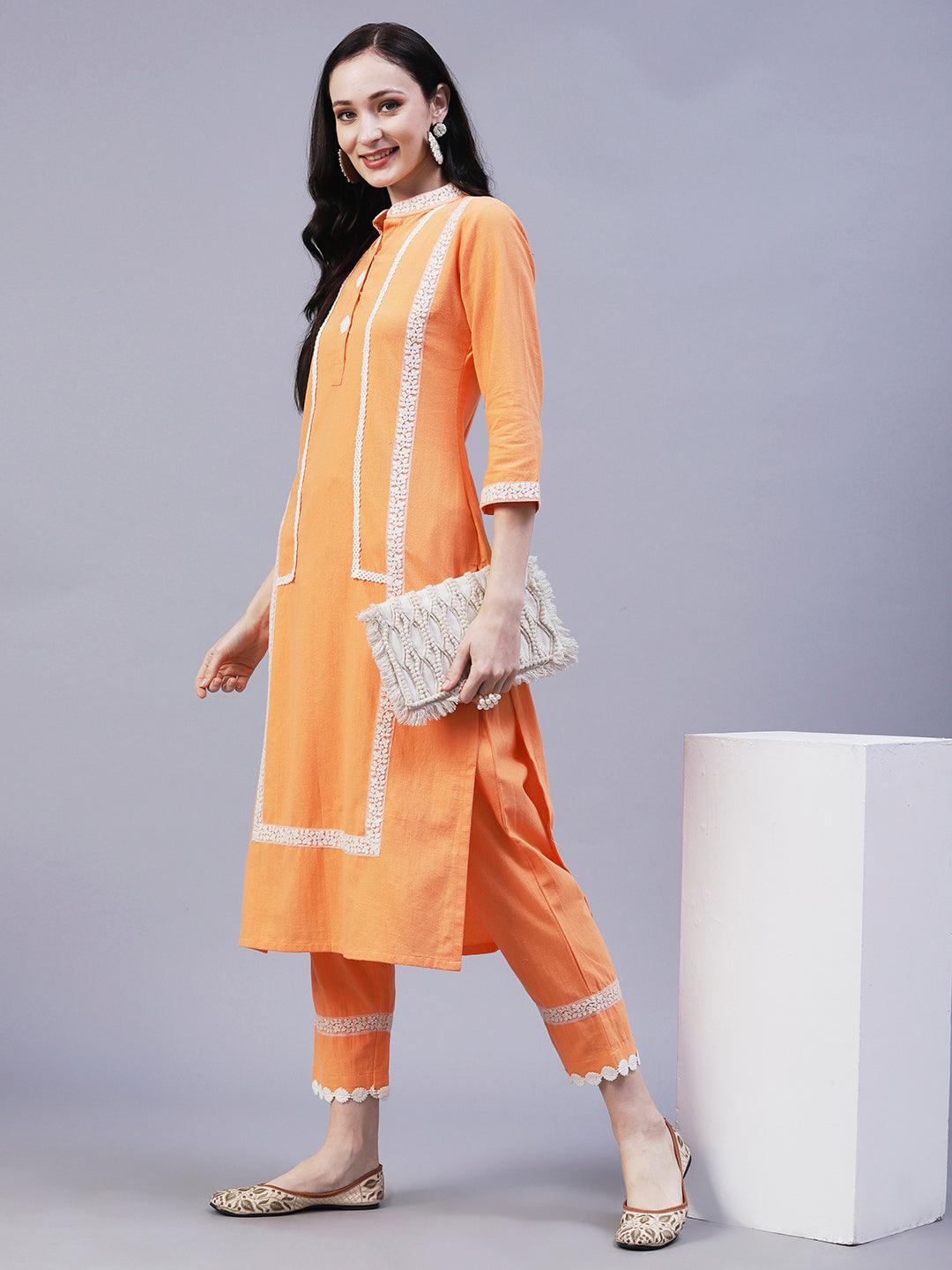 Solid Floral Embroidered Straight Fit Kurta with Pant - Orange - Indiakreations