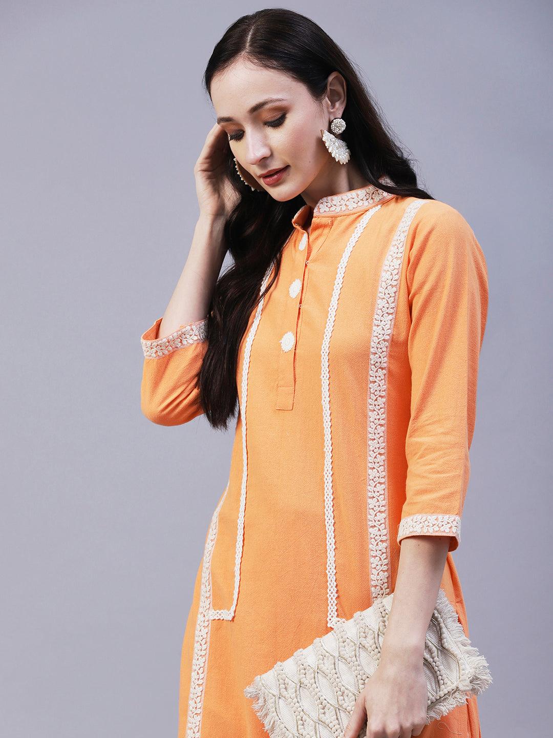 Solid Floral Embroidered Straight Fit Kurta with Pant - Orange - Indiakreations